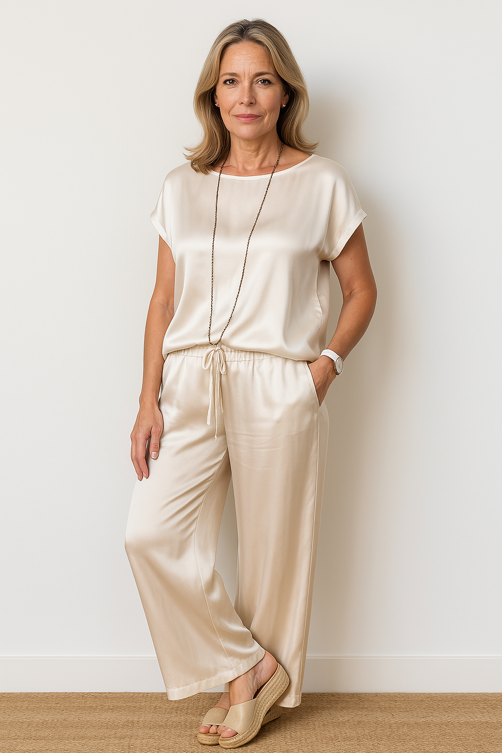 Women's two-piece satin set, loose-fitting T-shirt and wide-leg pants.