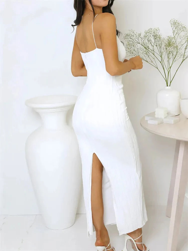Robe longue et sexy pour femme, coupe ajustée, couleur unie