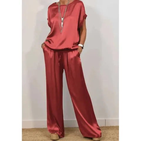 Women's two-piece satin set, loose-fitting T-shirt and wide-leg pants.