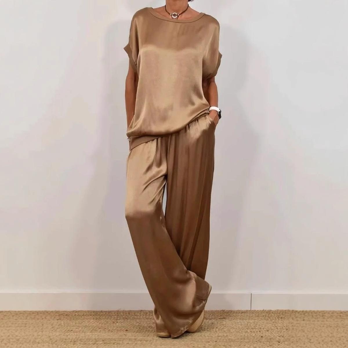 Women's two-piece satin set, loose-fitting T-shirt and wide-leg pants.