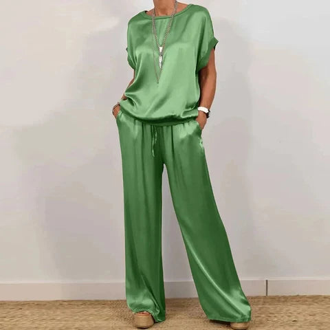 Women's two-piece satin set, loose-fitting T-shirt and wide-leg pants.