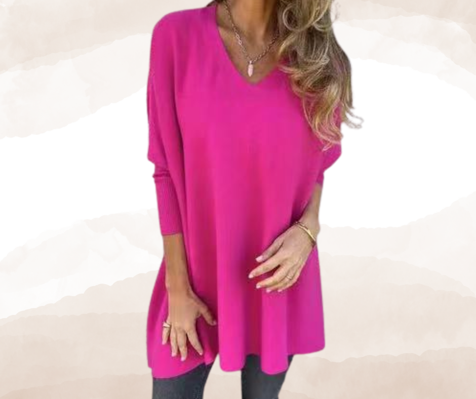 Chemise élégante pour femme - Longue, ample, col en V, manches longues