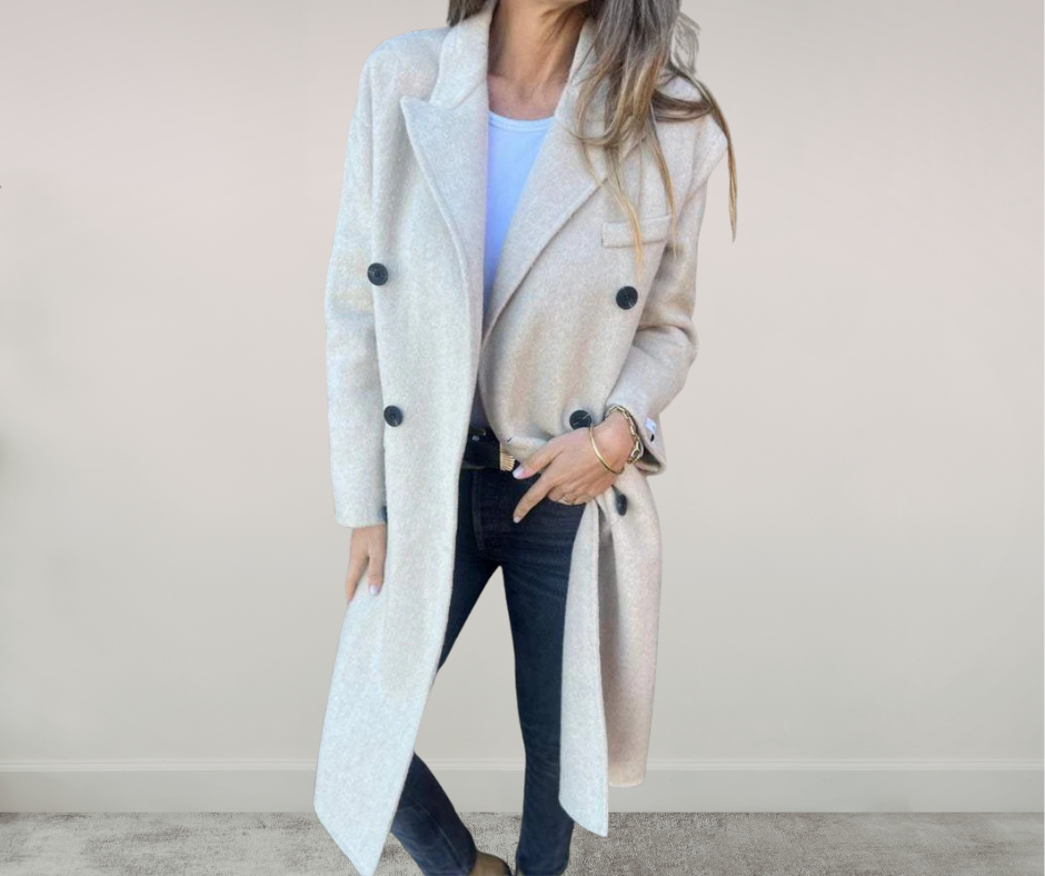 Veste élégante à manches longues et double boutonnage pour femme, longueur moyenne