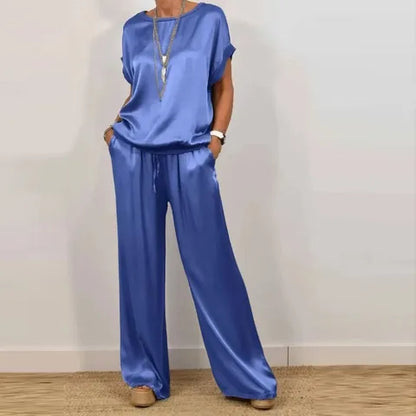 Women's two-piece satin set, loose-fitting T-shirt and wide-leg pants.